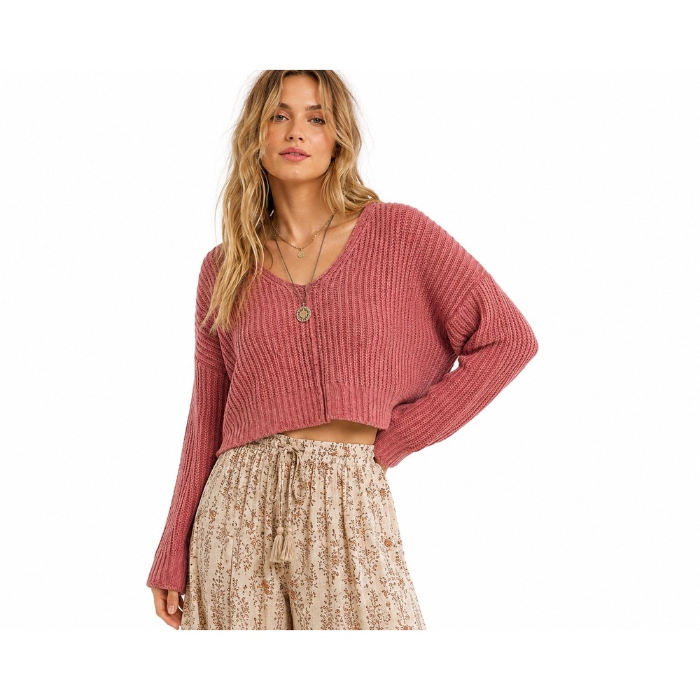 Free People Womens Oversized V-Neck Ribbed Knit Sweater Dusty Rose Pink Medium